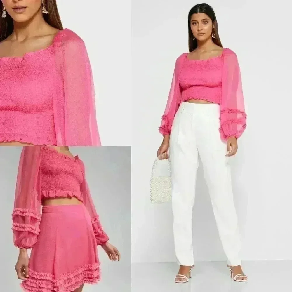 Anthropologie KEEPSAKE Moonlight Puff-Sleeve Top Pop Pink Size Small NWOT $145